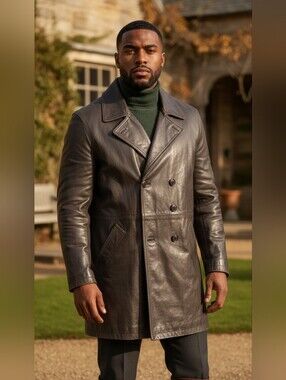 The Jacket Maker Men's Dark Brown Leather Double-Breasted Pea Coat